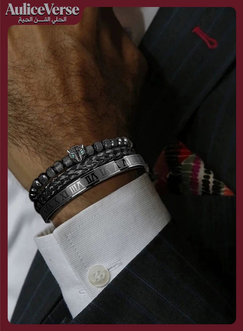 أوليس فيرس  هدية فالنتاين لأناقته – 3 أساور قابلة للتداخل: تصميم رأس النمر والأرقام الرومانية من الفولاذ والنحاس، جريئة وذات دلالة - Image 3